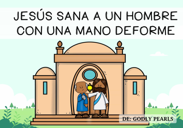 Cartoon of Jesus healing a man with a deformed hand in front of a temple.