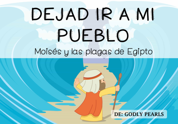 Cartoon cover: Moses with a staff leading people through a giant wave; title in Spanish reads 'Moisés y las plagas de Egipto'.