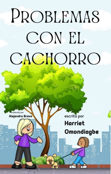 Book cover: title 'Problemas con el cachorro' with two children and a small dog in a city park scene under a tree.
