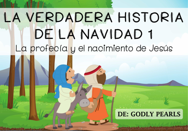 Cover image for a children's nativity story: 'La verdadera historia de la Navidad' with two shepherds and a donkey in a forest setting.