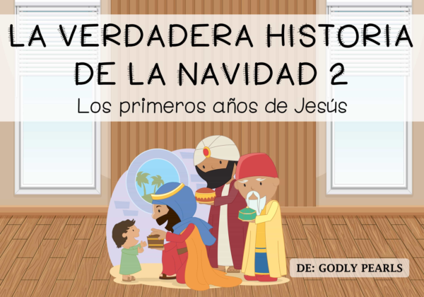 Ilustración navideña con varias figuras en vestimenta bíblica frente a una casa; título: La verdadera historia de la Navidad 2.